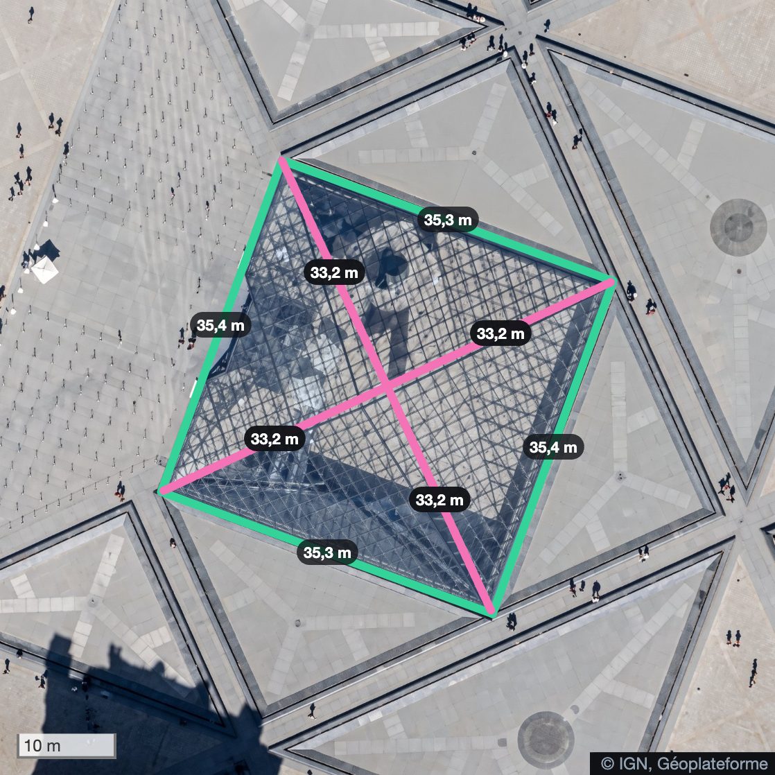 Pyramide à base carrée tracée dans l'app : égouts de 35,4 m en vert, arêtiers de 33,2 m en rose